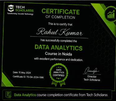 Data Analytics course completion certificate from Tech Scholarss