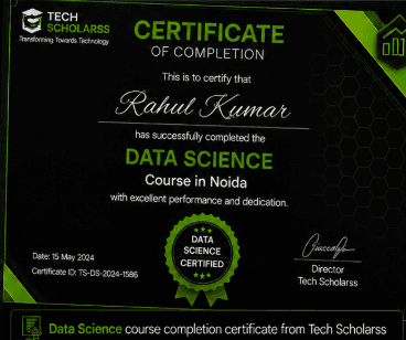 Data Science course completion certificate from Tech Scholarss