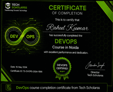 DevOps course completion certificate from Tech Scholarss