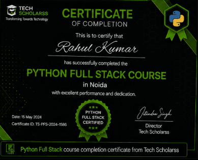 Python Full Stack course completion certificate from Tech Scholarss