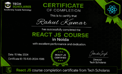 React JS course completion certificate from Tech Scholarss