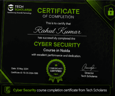 Cyber Security course completion certificate from Tech Scholarss