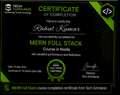 MERN Full Stack course completion certificate from Tech Scholarss