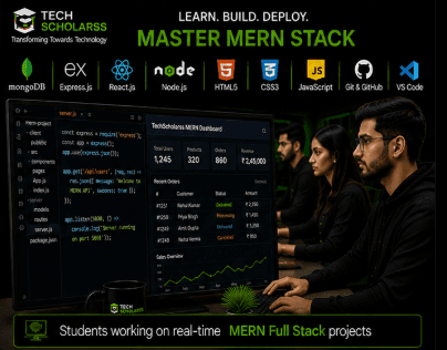 Students learning MERN Full Stack development at Tech Scholarss