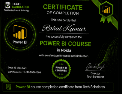 Power BI course completion certificate from Tech Scholarss