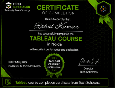Tableau course completion certificate from Tech Scholarss