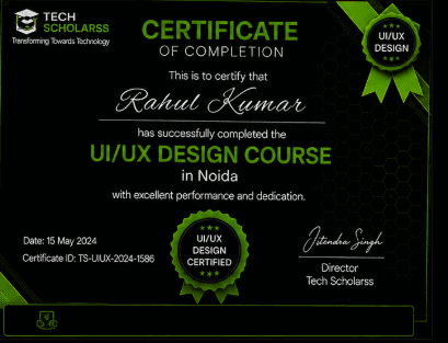 UI/UX Design course completion certificate from Tech Scholarss